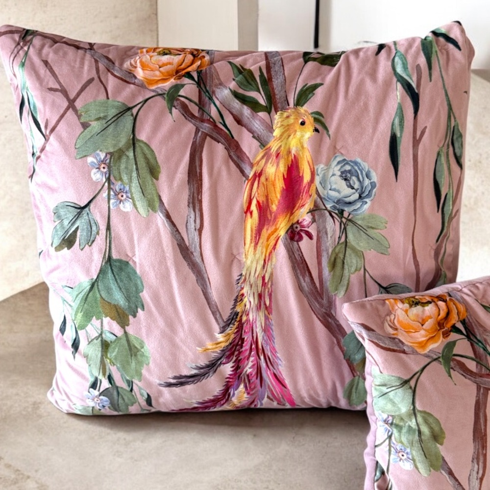 Anthropologie Pink Floral & Bird Velvet Pillow